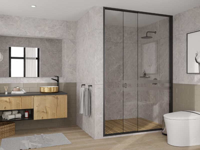 Baño grande y lujoso con accesorios negros