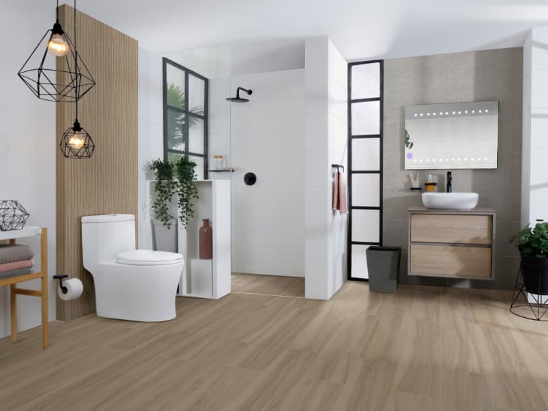 Ambiente para baño grande y moderno con lavamanos