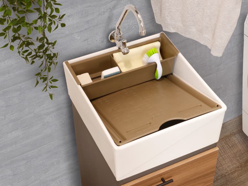 Zona de lavandería con lavadero Praga Taupé y accesorios