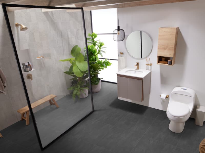 Baño en tonos grises y dorados