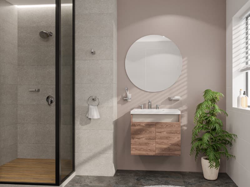 Baño grande con diseño actual y colores claros