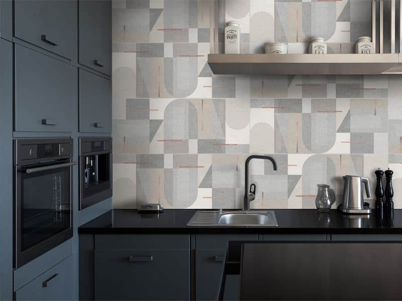 Cocina en color negro con figuras geométricas